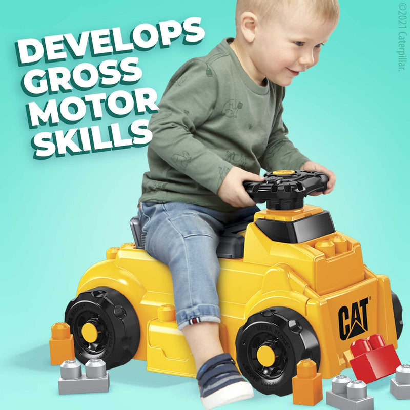 Mega Bloks CAT Build 'n Play Ride-On Building Set, 10 Big Building Blocks and 1 Ride-one Vehicle with Free-Spinning Steering Wheel and 4 Building Surfaces