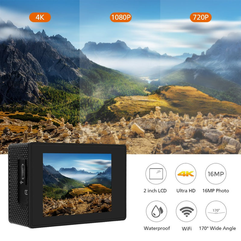 4K Sport Ultra HD Caméra d'action 4K WiFi Ultra HD DV 16MP 170° + Kit d' accessoires - Noir à prix pas cher