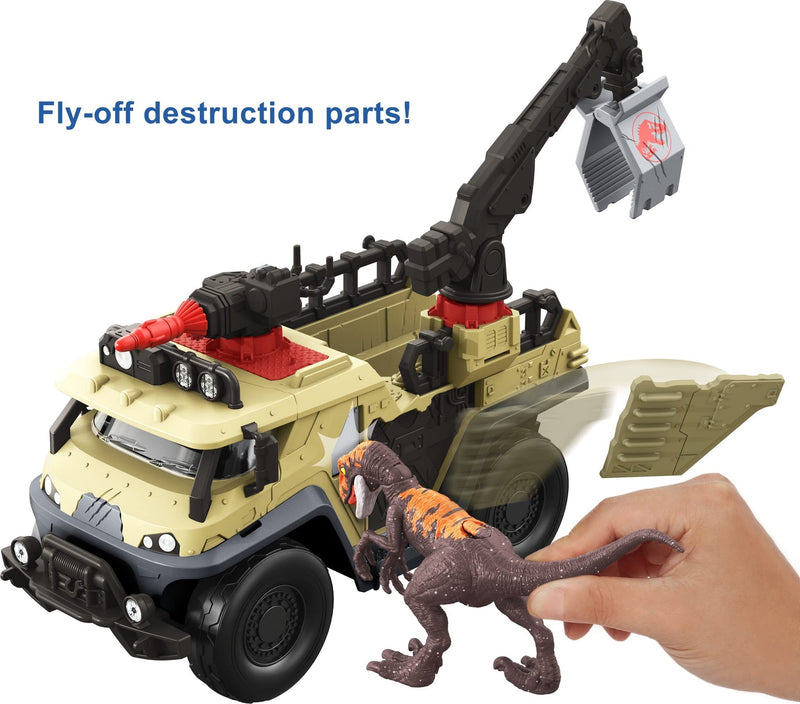 Jurassic World Dominion Capture and Crush Truck with Velociraptor Dinosaur Figure, Toy Vehicle with Tranquilizer, Crane and 2 Breakaways