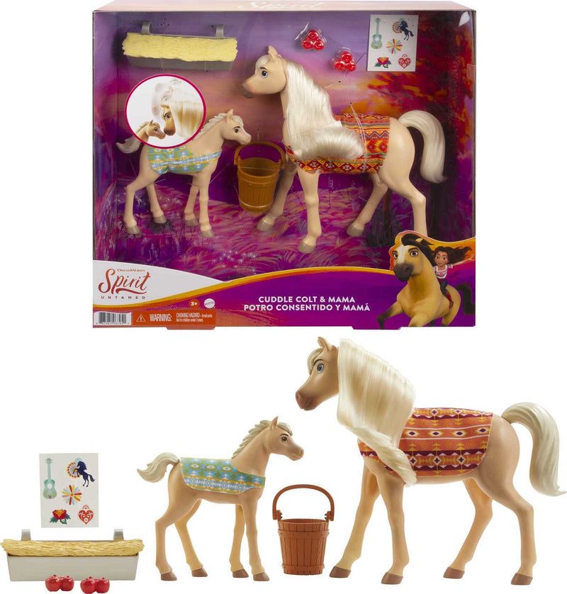 Mattel Spirit Untamed Cuddle Colt & Mama Playset (Horses Approx. 5-in & 8-in) & Feeding Accessories