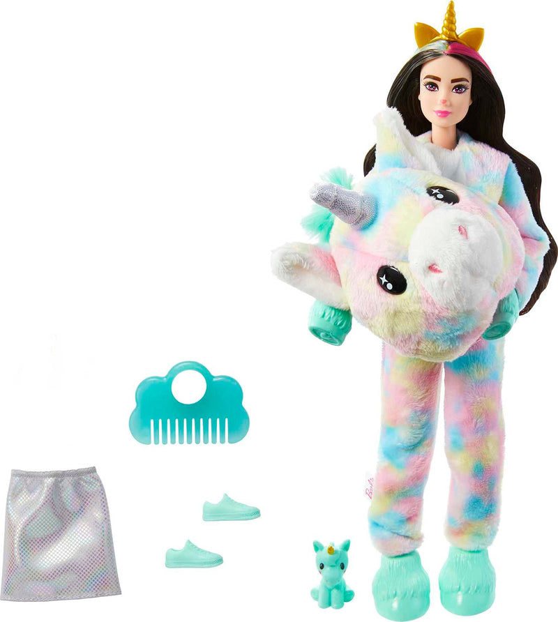 Barbie Doll, Cutie Reveal Unicorn Plush Costume Doll with 10 Surprises, Mini Pet Unicorn, Color Change and Accessories, Fantasy Series