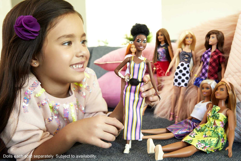 Barbie Fashionistas Doll #135 with Vitiligo and Curly Brunette Hair Wearing Striped Dress and Accessories