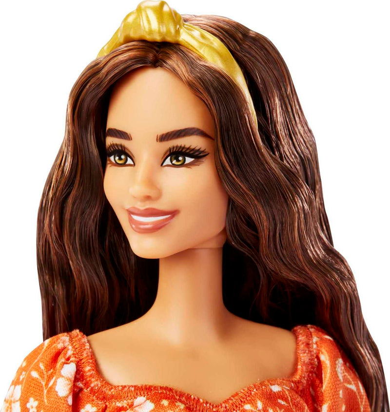 Barbie Fashionistas Doll, Long Wavy Brunette Hair, Headband, Orange Floral Print Dress with Ruffle Details & Heels