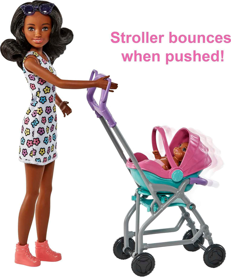 Barbie Skipper Babysitters Inc. Playset with Babysitter Doll (Curly Brunette Hair), Stroller, Baby Doll & 5 Accessories