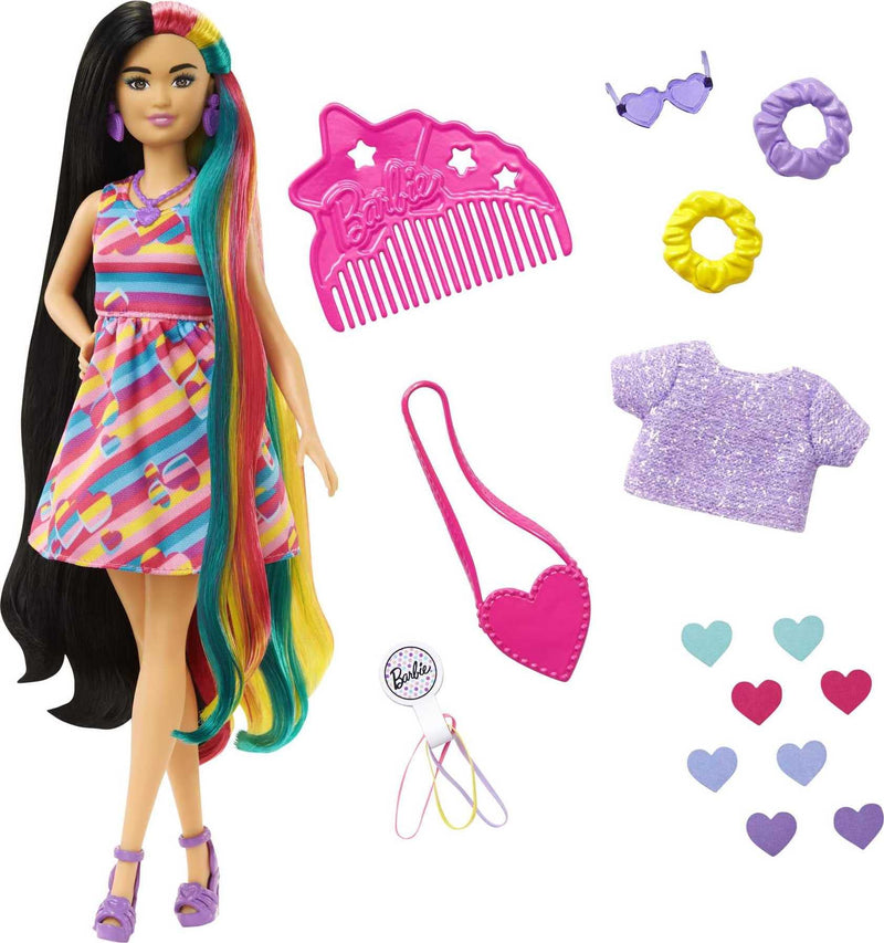 Barbie Totally Hair Heart-Themed Doll, Petite, 8.5 inch Fantasy Hair, Dress, 15 Hair & Fashion Play Accessories (8 with Color Change Feature) for Kids 3 Years Old & Up