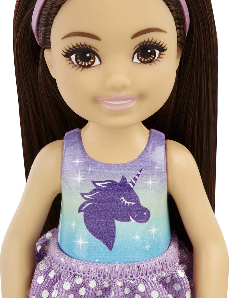 Barbie Chelsea Doll (6-inch Brunette) Wearing Tie-Dye Shorts, Molded Top & Yellow Shoes