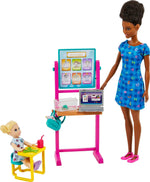 Barbie Teacher Doll (Brunette),Toddler Doll (Blonde), Flip Board, Laptop, Backpack, Toddler Desk, & Pet Turtle