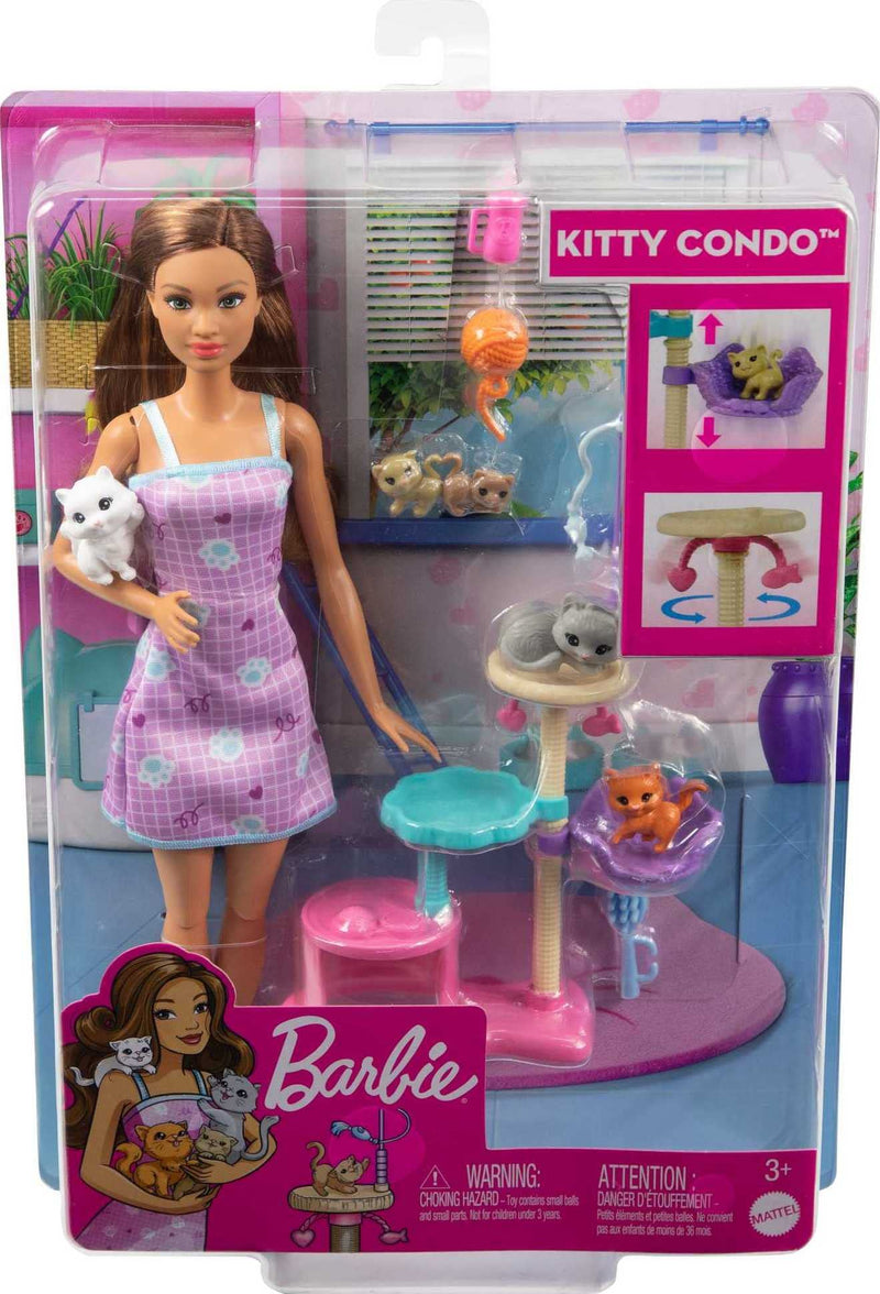Barbie Kitty Condo Doll and Pets Playset with Barbie Doll (Brunette), 1 Cat, 4 Kittens, Tree & Accessories, Toy for 3 Year Olds & Up