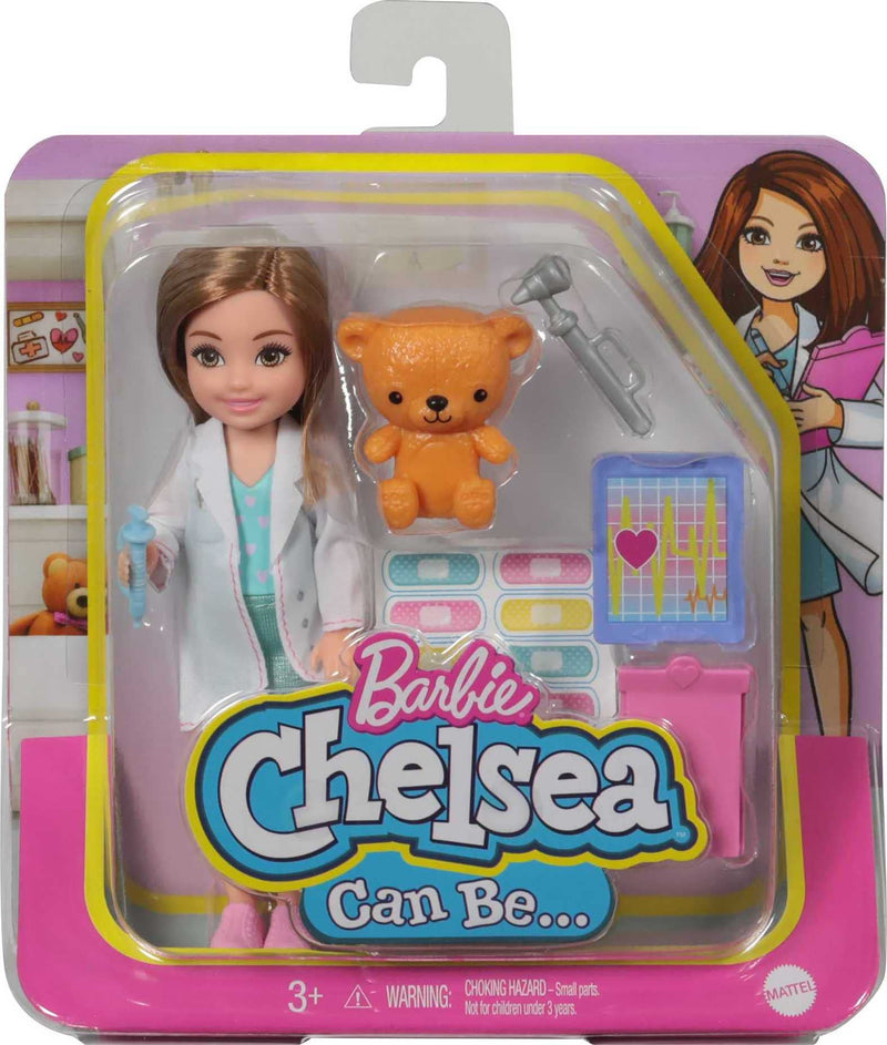 Barbie Chelsea Can Be Playset with Brunette Chelsea Doctor Doll (6-in), Clipboard, EKG Reader, Band-aid Stickers,2 Medical Tools, Teddy Bear