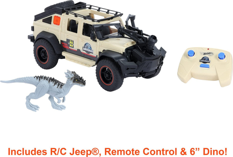 Matchbox Jurassic World Dominion Jeep Gladiator RC Vehicle with 6-inch Dracorex Dinosaur Figure, Remote-Control Car with Removable Auto-Capture Claw