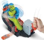 Hot Wheels Toxic Ape Attack Play Set for Kids 4 to 8 Years Old, Launch Included Car at Moving Purple Ape to Defeat It Before It Knocks Cars Off The Track & Destroys Garage