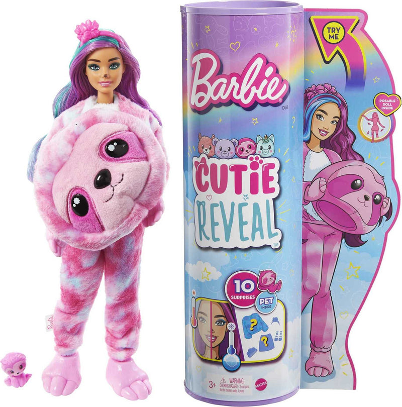 Barbie Doll, Cutie Reveal Sloth Plush Costume Doll with 10 Surprises, Mini Pet, Color Change and Accessories