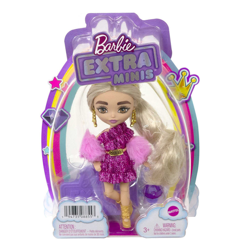 Barbie Extra Minis Doll #8 (5.5 in) Wearing Shimmery Dress & Furry Shrug, with Doll Stand & Accessories