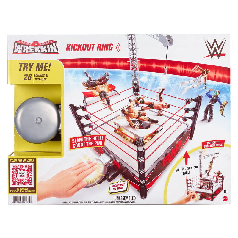 WWE Wrekkin Kickout Ring Playset 13-in (33.02-cm) x 20-in (50.8-cm) & 2 Modes: Randomized Ref & Springboard Launcher, Includes Crane, WWE Championship & Breakaway Table, Gift for Ages 6 Years Old & Up