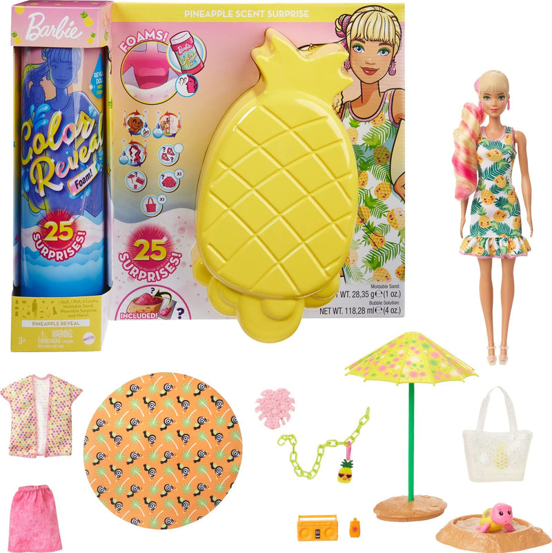 Barbie Color Reveal Foam! Doll & Pet Friend with 25 Surprises - Sunny Pineapple-Theme