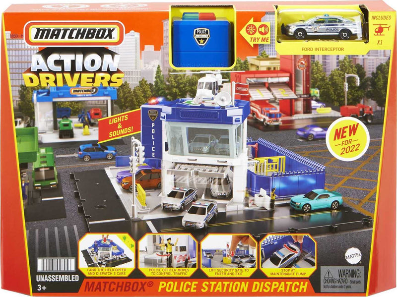 Matchbox Police Station Dispatch Playset with 1 Matchbox Helicopter & 1 Matchbox Ford Police Car, with Lights & Sounds