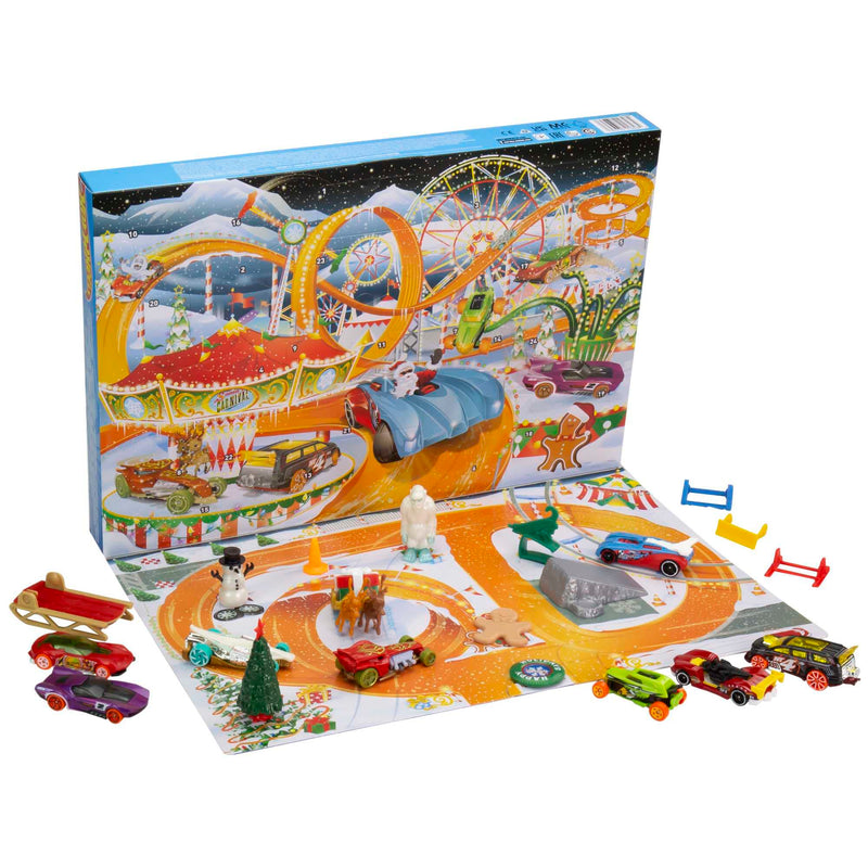 Hot Wheels Advent Calendar, 8 Hot Wheels Holiday-Themed Toy Cars Plus Assorted Accessories with Playmat