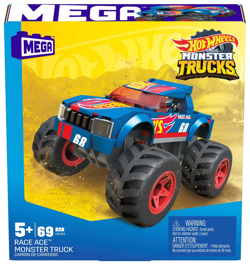 Hot Wheels Mega Race Ace Monster Truck Building Set with 69 Pieces with Micro Figure Driver Figure