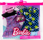 Barbie Ken Fashions 2-Pack Clothing Set, 1 Outfit & Accessory for Barbie Doll: Plaid Dress & Purse, 1 Outfit & Accessory for Ken Doll: Smiley Face Dress Shirt & Denim Shorts