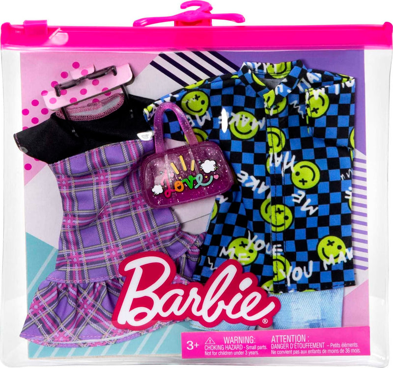 Barbie Ken Fashions 2-Pack Clothing Set, 1 Outfit & Accessory for Barbie Doll: Plaid Dress & Purse, 1 Outfit & Accessory for Ken Doll: Smiley Face Dress Shirt & Denim Shorts