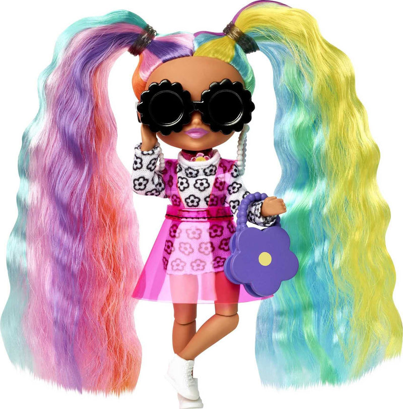 Barbie Extra Minis Doll #6 (5.5 in) with Rainbow Hair, Wearing Flower Print Dress, with Doll Stand & Accessories Including Sunglasses and Purse