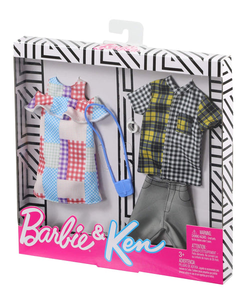 Barbie Fashion Pack with 1 Outfit of Gingham Patterned Dress & 1 Accessory Doll & Plaid Shirt, Shorts & Accessory for Ken Doll