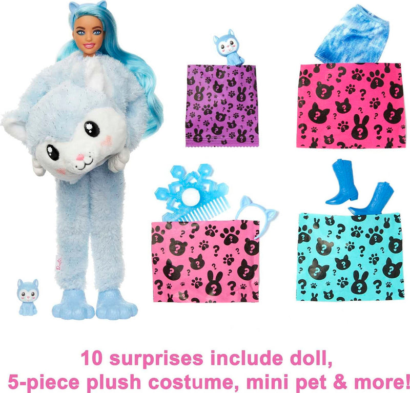 Barbie Doll, Cutie Reveal Husky Plush Costume Doll with 10 Surprises, Mini Pet, Color Change and Accessories, Snowflake Sparkle