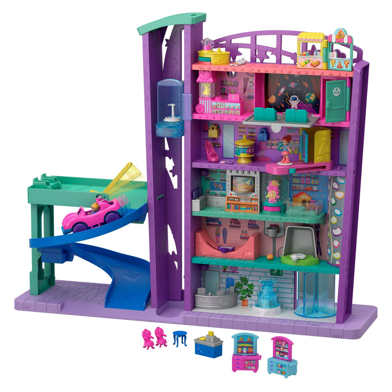 Polly Pocket Mega Mall with 6 Floors, Elevator, Vehicle, Parking Garage, Micro Polly & Lila Dolls, Dog & Storytelling Play Pieces; for Ages 4 and Up