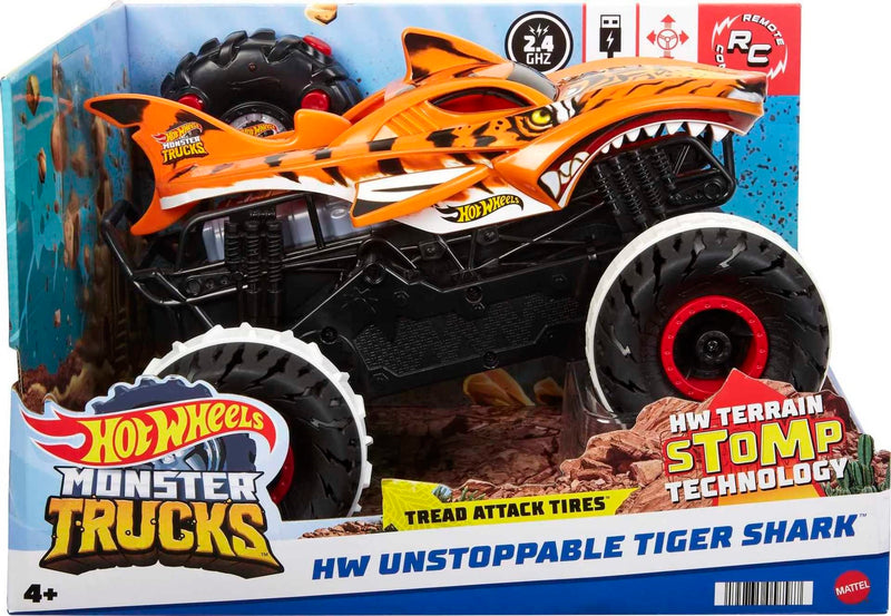 Hot Wheels Monster Trucks, Monster Truck Toy with All-Terrain Wheels, 1:15 Scale Unstoppable Tiger Shark RC