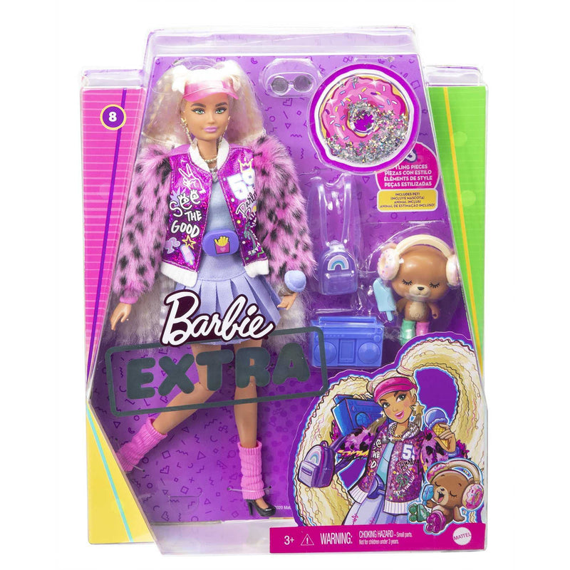 Barbie Extra Doll #8 in Pink Sparkly Varsity Jacket with Furry Arms & Pet Teddy Bear, Extra-Long Crimped Pigtails, Layered Outfit & Accessories