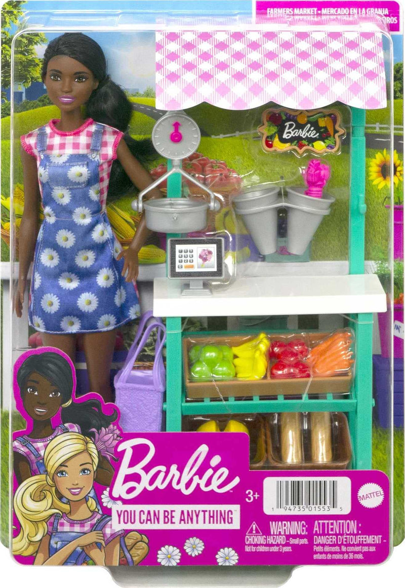 Barbie Farmers Market Playset, Doll (Brunette), Stand, Register, Vegetables, Bread, Cheese & Flowers