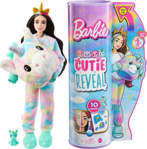 Barbie Doll, Cutie Reveal Unicorn Plush Costume Doll with 10 Surprises, Mini Pet Unicorn, Color Change and Accessories, Fantasy Series