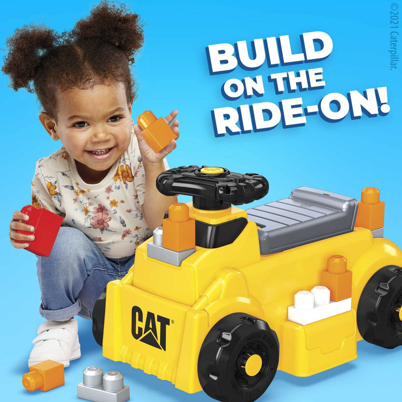 Mega Bloks CAT Build 'n Play Ride-On Building Set, 10 Big Building Blocks and 1 Ride-one Vehicle with Free-Spinning Steering Wheel and 4 Building Surfaces