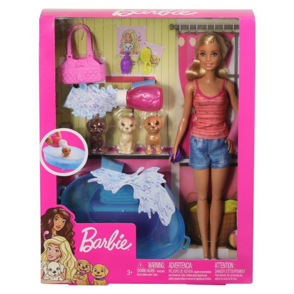 Barbie Doll Blonde And Playset With 3 Puppies And Accessories