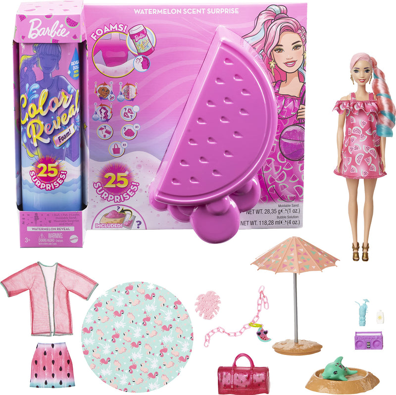 Barbie Color Reveal Foam! Doll & Pet Friend with 25 Surprises - Sunny Watermelon-Theme