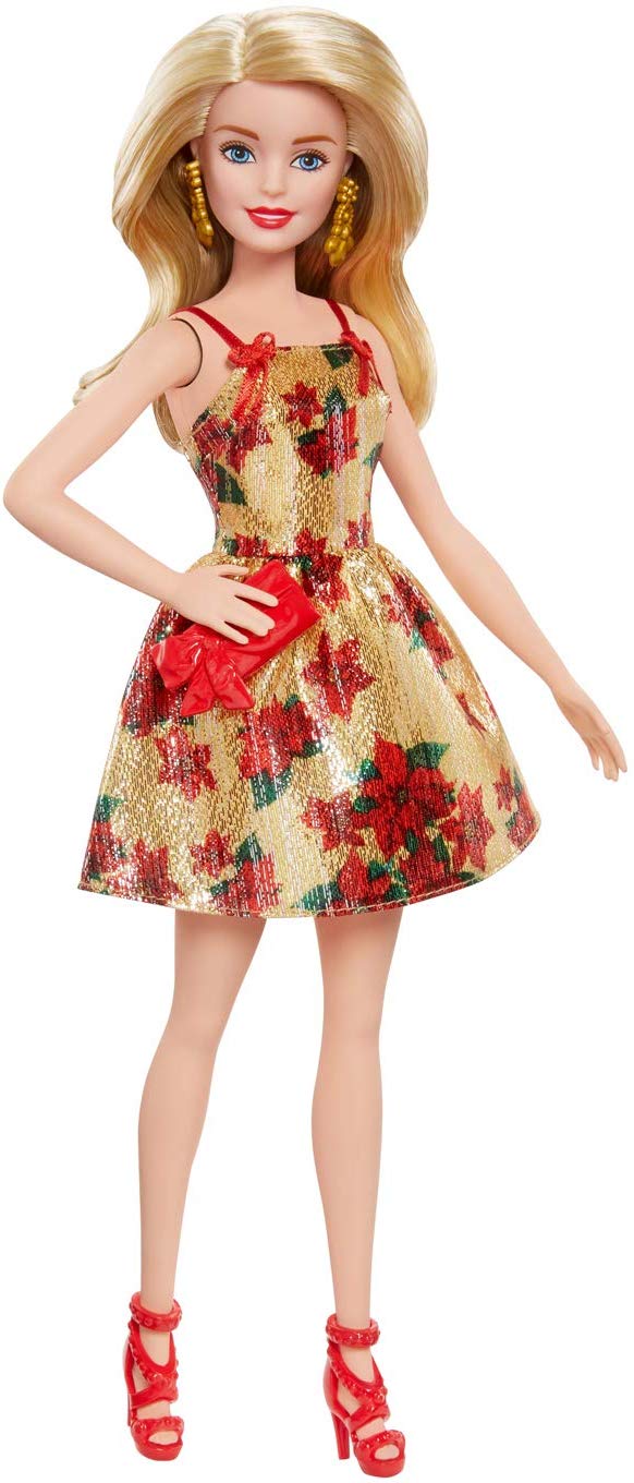 Barbie Christmas Holiday 2018 Doll, Poinsettias and Gold Dress, 11.5"