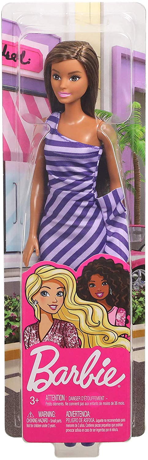 Barbie Glitz Doll, Purple & White Stripe Ruffle Dress