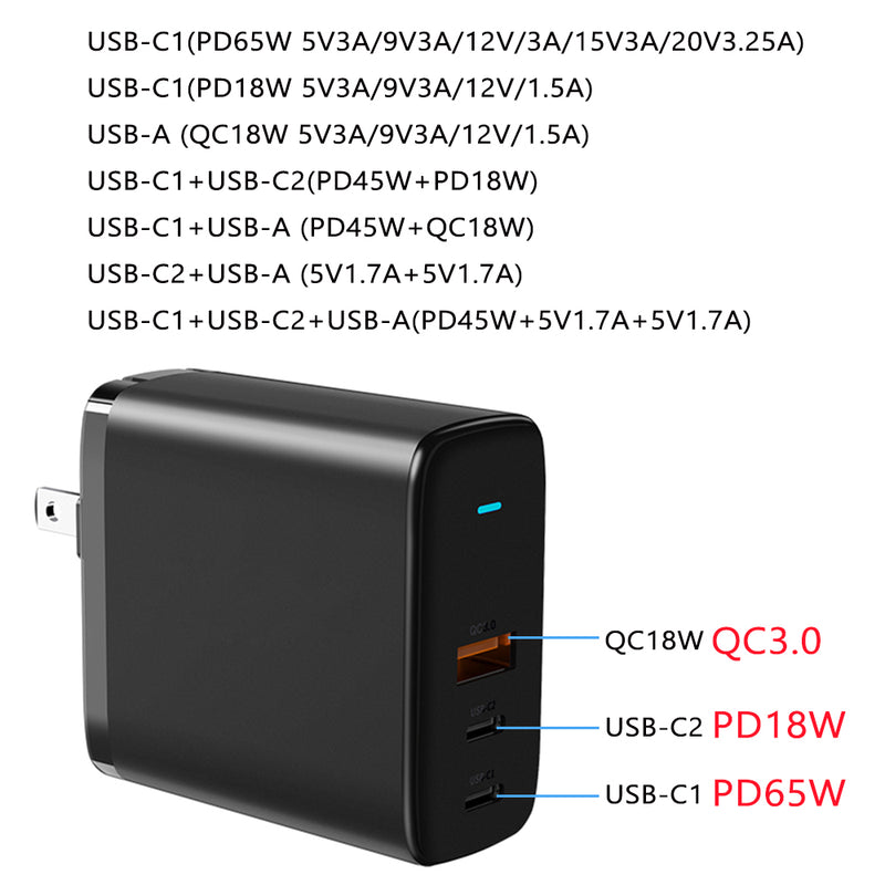65W Type C GaN Tech USB Wall Charger QC4.0+ PD 3.0 Laptop Desktop PD Charging Portable