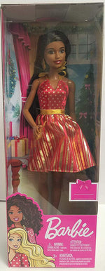 Barbie Holiday Doll Red and Gold Dress Brunette