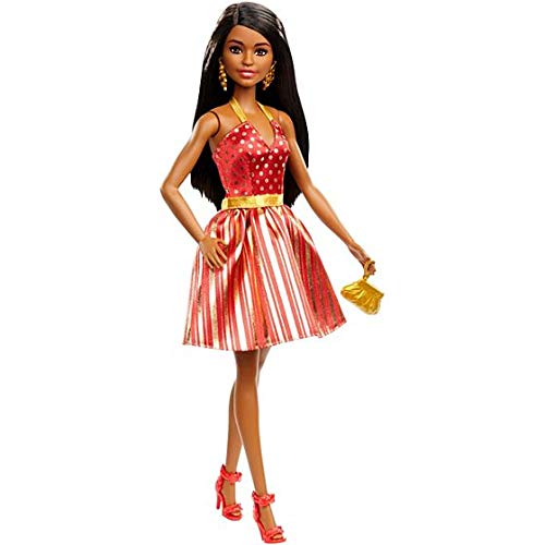 Barbie Holiday Doll Red and Gold Dress Brunette