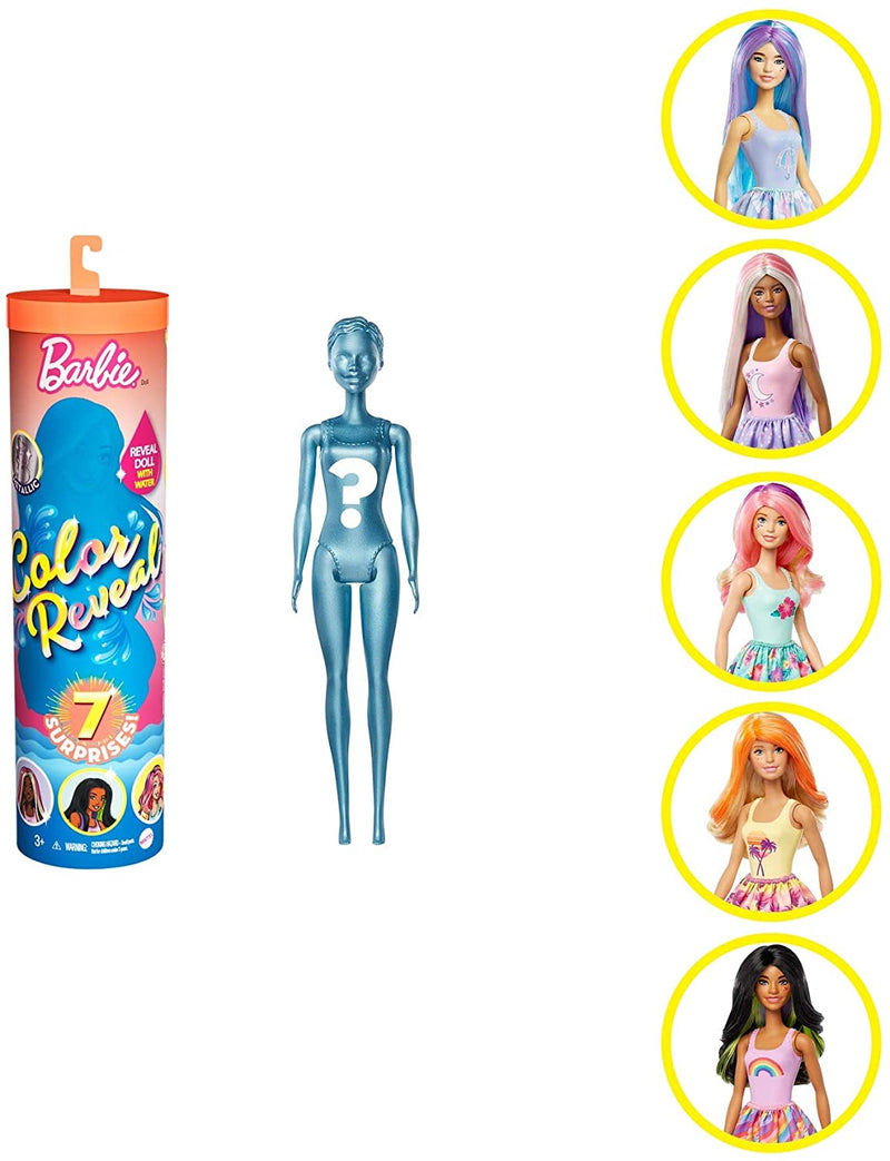 Barbie Color Reveal Doll with 7 Surprises 4 Mystery Bags, Surprise Wig, Skirt, Shoes & Sponge