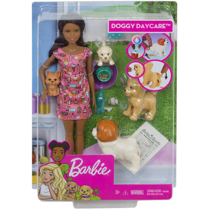 Barbie Doggy Daycare Doll Brunette Hair with 2 Dogs and 2 Puppies