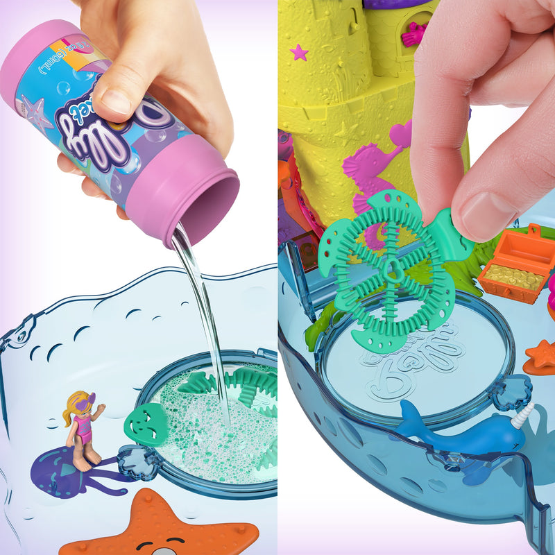Polly Pocket Bubble Aquarium with Underwater Theme, 2 Bubble-Making Features, Pool, Micro Polly & Mermaid Doll, Bubble Solution & 18 Accessories