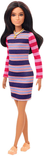 Barbie Fashionistas Doll #147 with Long Brunette Hair Wearing Striped Dress
