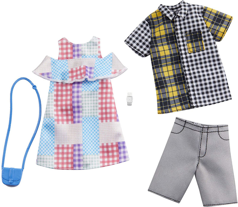 Barbie & Ken Pack with Doll Clothes & Accessories for Each, Plaid Dress & Smiley Shirt (2 Outfits), Size: One Size