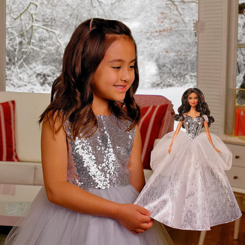 Barbie Signature 2021 Holiday Barbie Doll 12-inch Brunette Curly Hair In Silver Gown