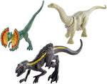 Jurassic World Mini Dino Apatosaurus, Dilophosaurus, Metallic Indoraptor Figures, 3 Pack