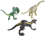 Jurassic World Mini Dino Apatosaurus, Dilophosaurus, Metallic Indoraptor Figures, 3 Pack