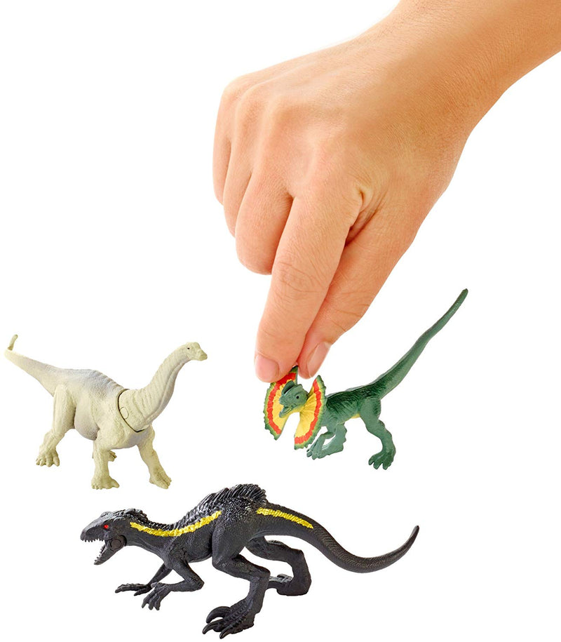 Jurassic World Mini Dino Apatosaurus, Dilophosaurus, Metallic Indoraptor Figures, 3 Pack