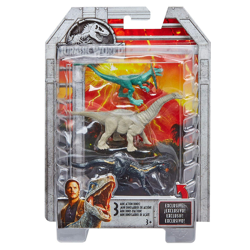 Jurassic World Mini Dino Apatosaurus, Dilophosaurus, Metallic Indoraptor Figures, 3 Pack